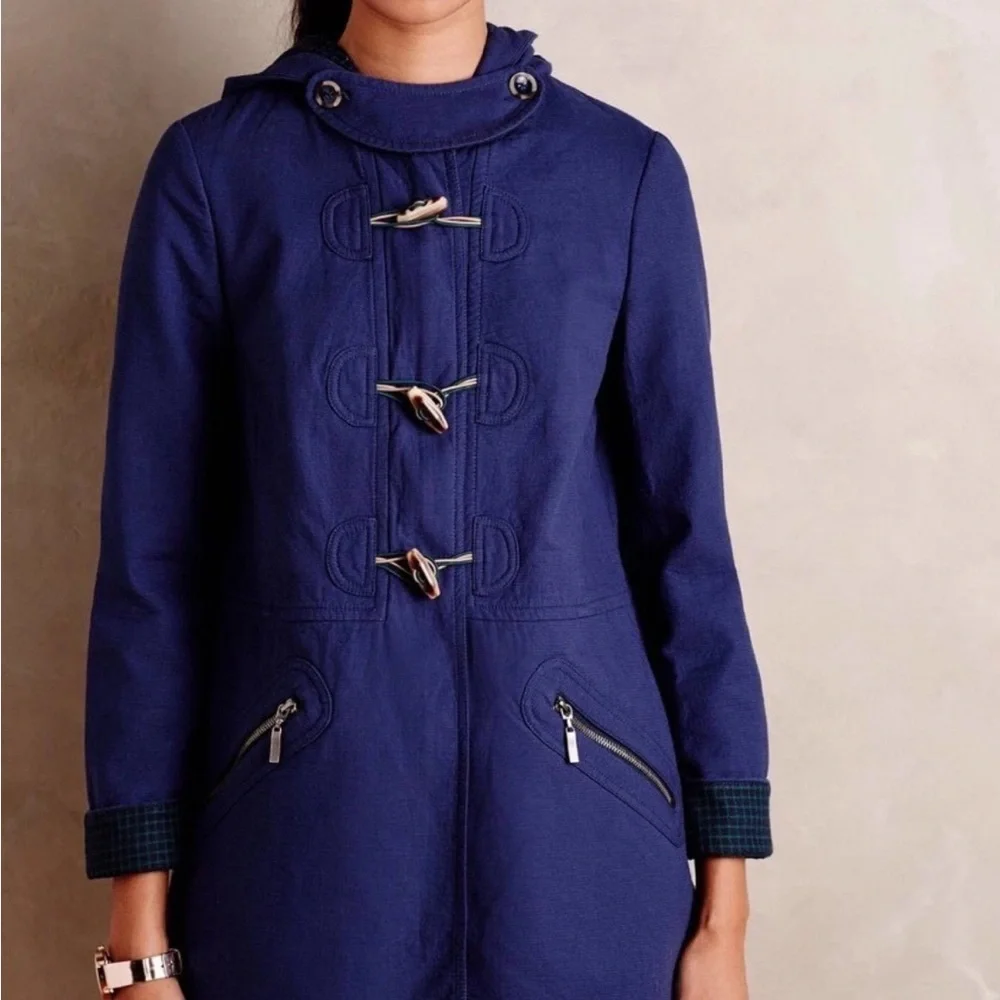 ANTHROPOLOGIE CARTONNIER Navy Blue Brown Toggle Hooded Cadet Coat Zip Jacket S